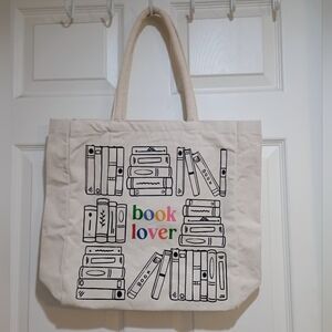 New Eccolo Cream Canvas 'book lover' Tote with Multicolor Book Print Zip Pocket